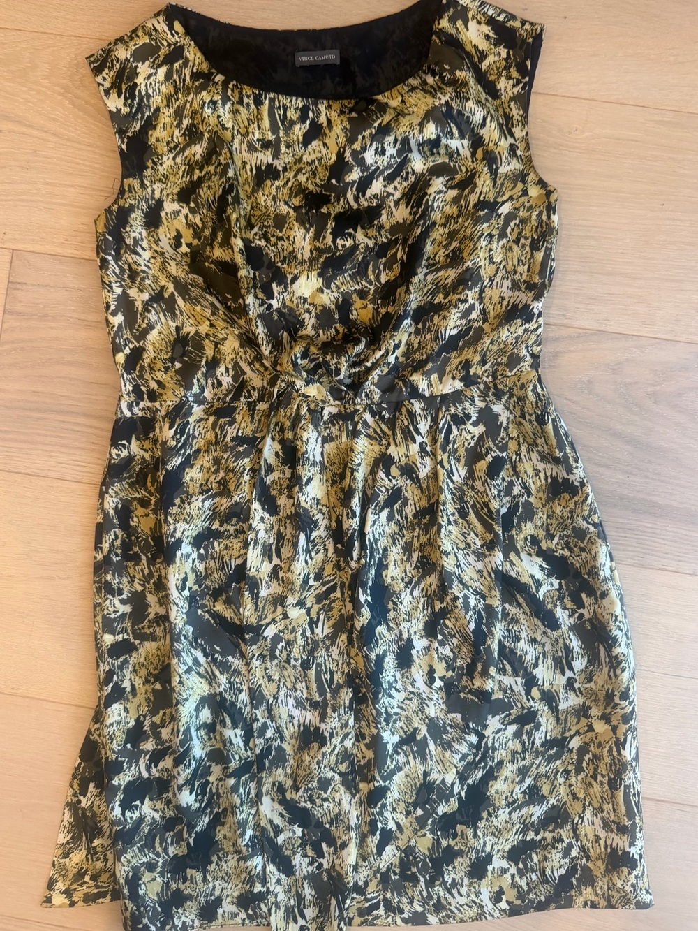 Vince Camuto Black and Gold Abstract Tie-Waist Mini Dress